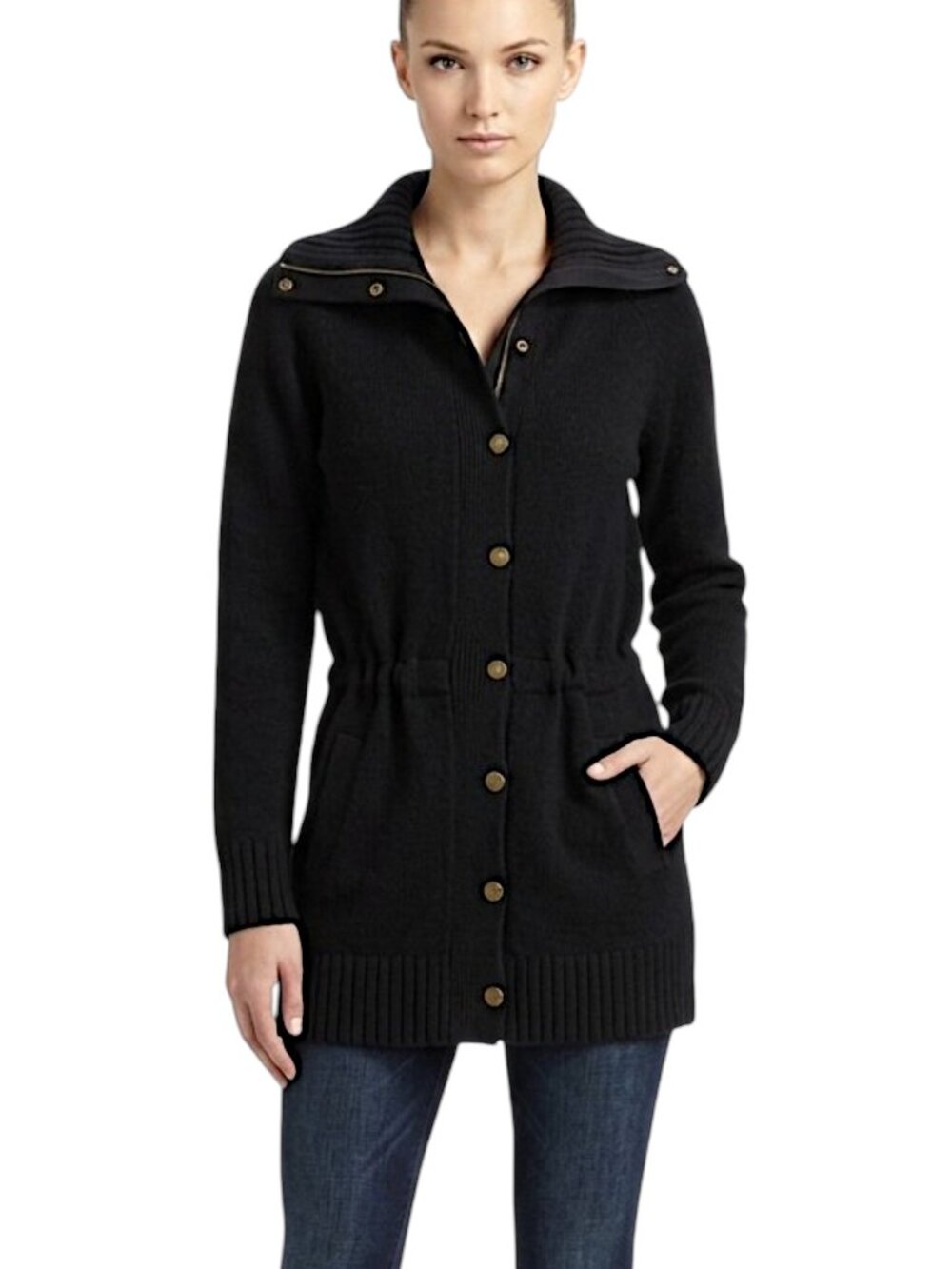 Ralph Lauren Long Black Wool Cinch Waist Cardigan Zip Snap Front Sweater M